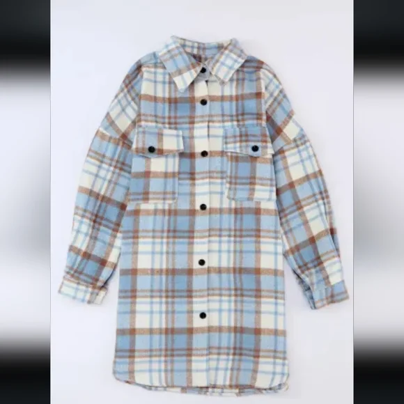 🔥New sky blue long plaid shacket - Picture 4 of 17
